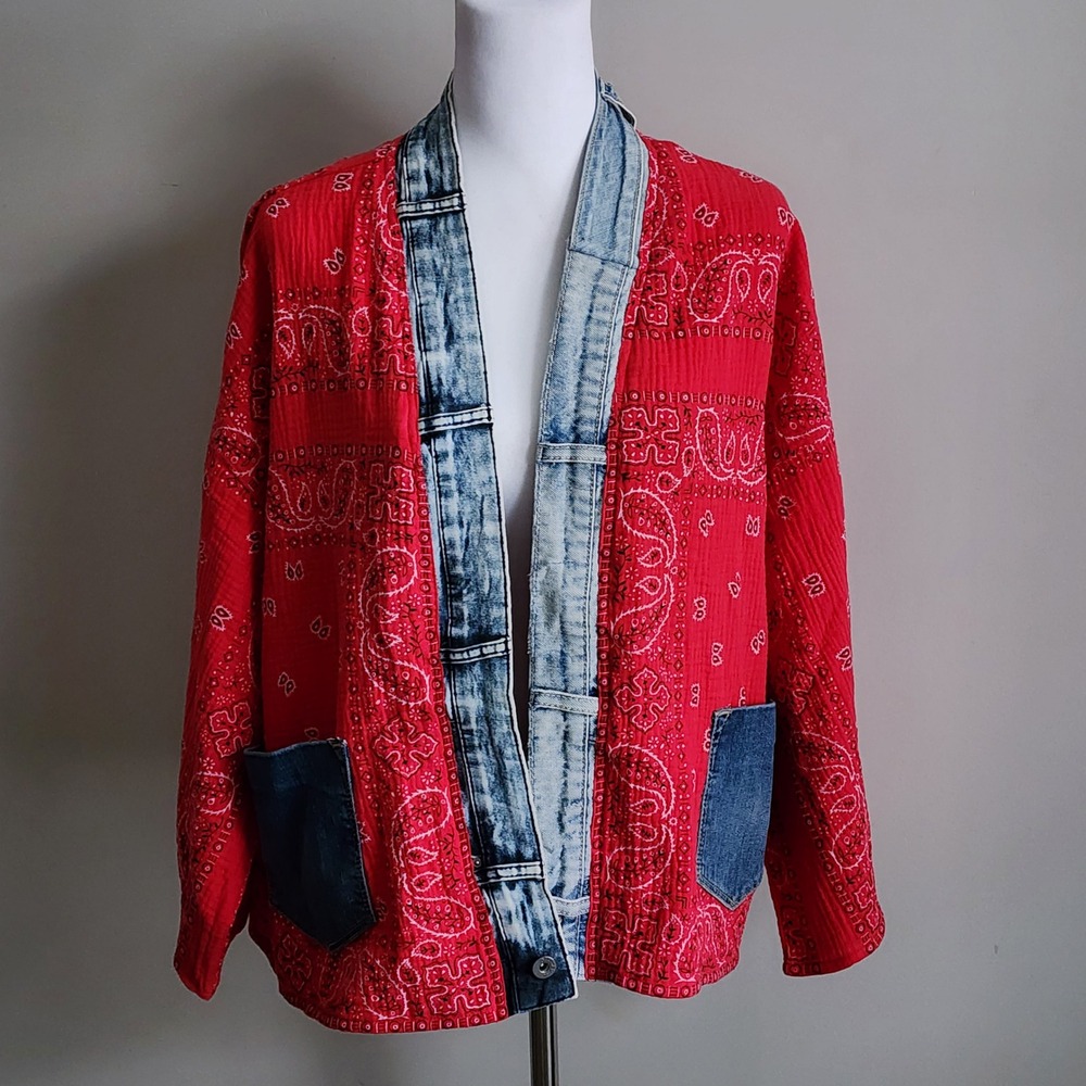 Shannon Passero Bandana Kimono Jacket Womens OS Red Denim Jean Trim Gauze Boho